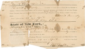 This is an original declaration of intention from the state of New York, Allegany County, for David Kennedy.  Dated: 20th of April 1857. 